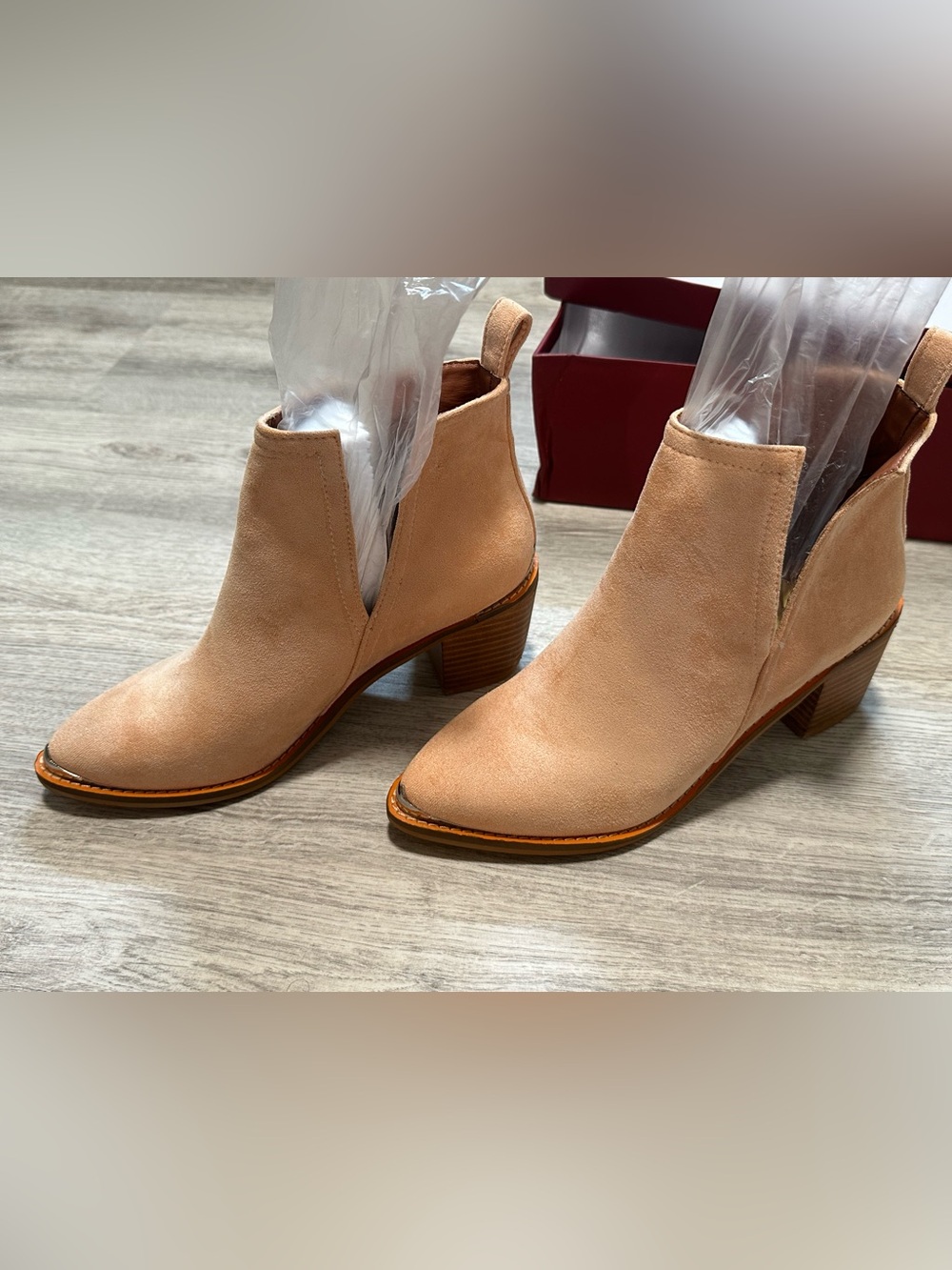 YDN Tan Suede Pointed Toe Western Ankle Boots Block Heel